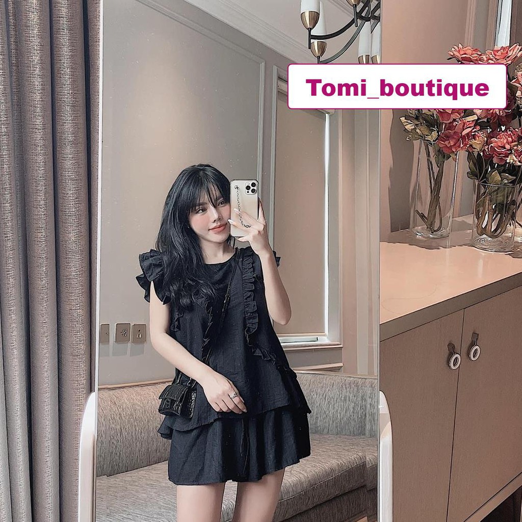 Set mặc ở nhà nữ Vải đũi tơ quảng châu áo phối bèo + quần sooc- Tomi boutique