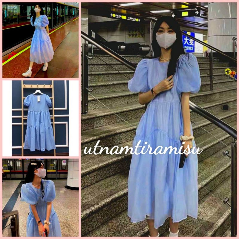 Váy babydoll Xanh dáng xoè nữ 3 tầng🌸Đầm cổ tròn tay bồng siêu xinh🌸Freeship🌸Vintage tiểu thư bánh bèo dự tiệc
