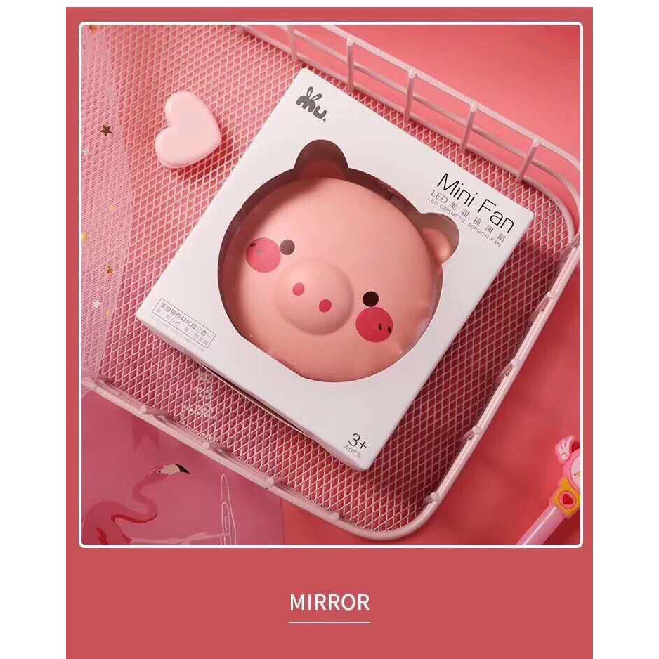 Quạt Mini Cầm Tay - Quạt Hình Heo 3 in 1 (Quạt + Gương + Đèn) #4