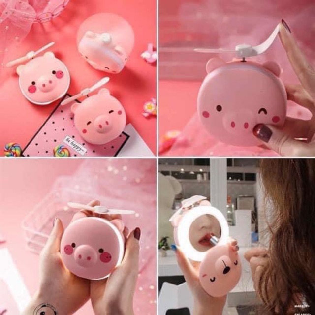 Quạt hình heo mini kèm gương và đèn led #1