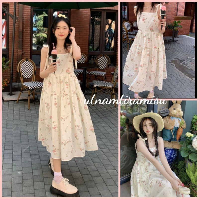 Váy 2 dây Nữ Hoa Hồng 🌸 Đầm maxi dáng dài hoa  màu đỏ hồng in hình dáng xoè phong cách Hàn Quốc Ulzzang Vintage
