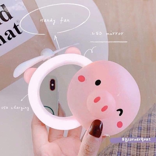 Quạt hình heo mini kèm gương và đèn led #1