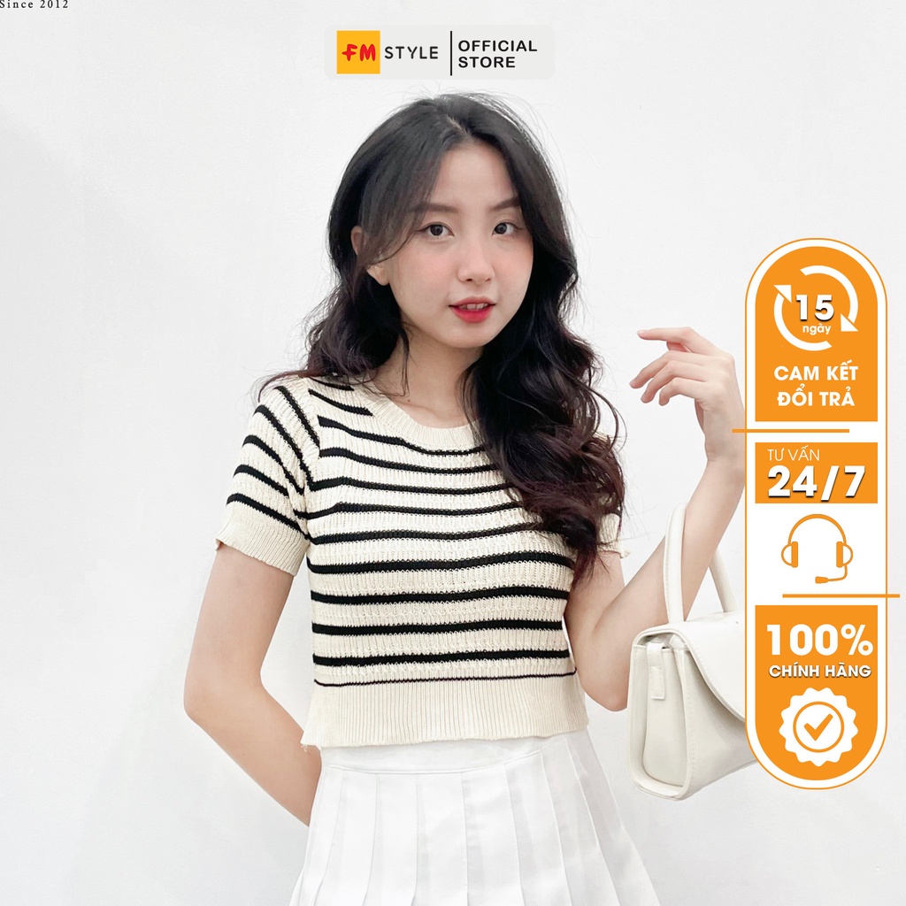 Áo kiểu nữ FM Style cổ tròn hoạ tiết sọc chất len dệt kim mỏng thời trang mùa hè 206130004