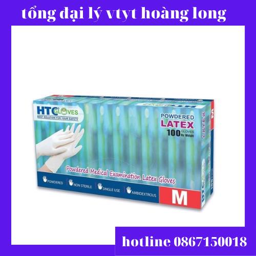 Găng tay y tế HTC Gloves có bột cao su latex màu trắng size S, M hộp 100 cái.