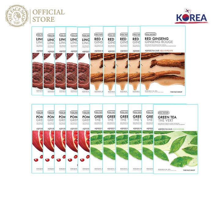 Combo Mặt Nạ Real Nature TheFaceShop (Lingzhi - Red Ginseng - Pomegranate - Green Tea) 20G X 21Pcs #5