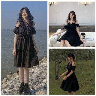 Hình ảnh Váy Bèo BLACK ANGEL Buộc Dây Vai Cổ Màu Đen, Đầm Nữ Bánh Bèo