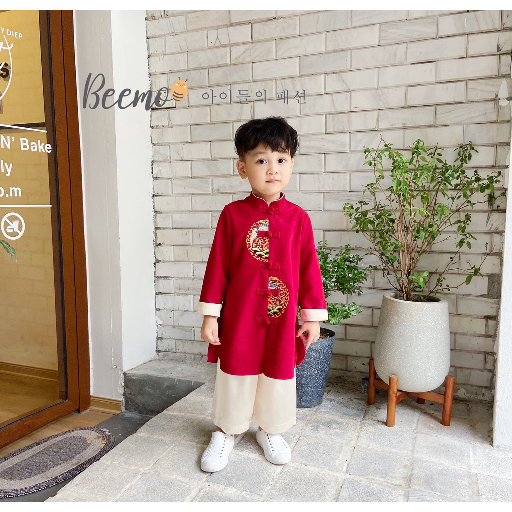 Hình ảnh Bộ set áo dài Beemo cho bé trai bé gái từ 1 đến 6 tuổi xẻ tà họa tiết cách điệu 2 màu - 20B100 #1