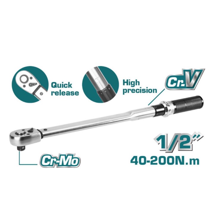 Cờ lê lực TOTAL THPTW200N2 kích thước 1/2 inch, chiều dài 500 mm, mô men xoắn 40-200N.m, chất liệu Cr-V cứng cáp