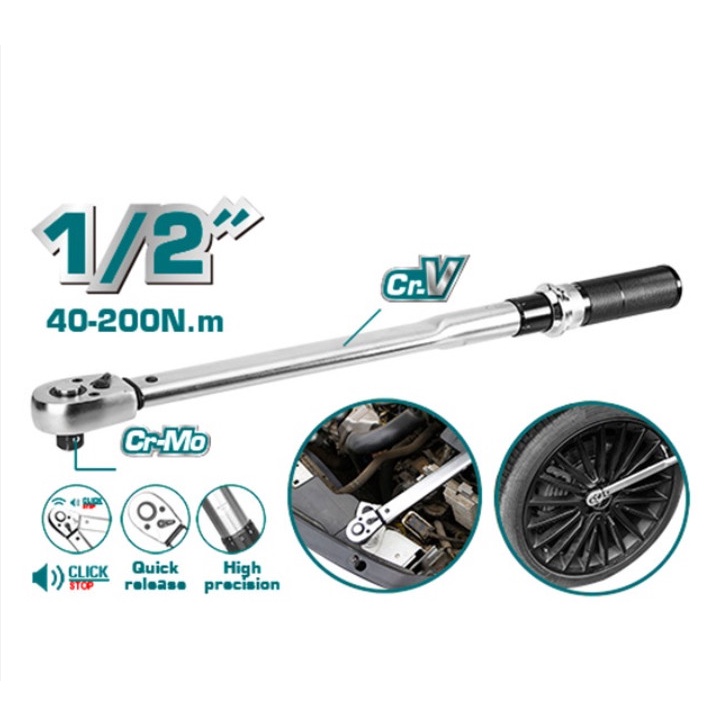Cờ lê lực TOTAL THPTW200N2 kích thước 1/2 inch, chiều dài 500 mm, mô men xoắn 40-200N.m, chất liệu Cr-V cứng cáp