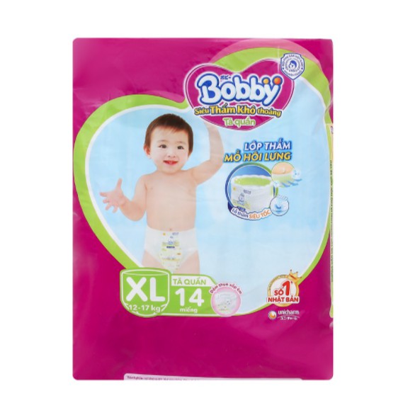 Tã Quần Bobby Siêu Thấm XL14 (12-17kg) - Đệm Thấm Lưng Mồ Hôi