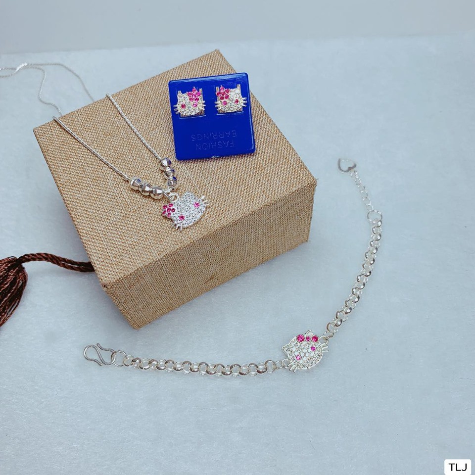Bộ mèo kitty cho bé 3 món dây và bông bạc