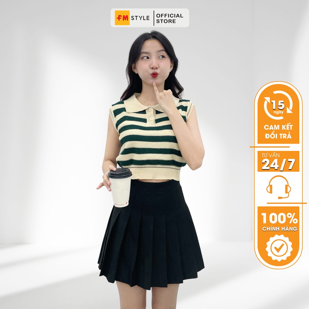Áo cardigan nữ FM Style cổ bẻ sát nách phối hoạ tiết kẻ ngang 2 nút thời trang phong cách Ulzzang 208030061