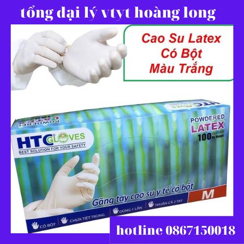Găng tay y tế HTC Gloves có bột cao su latex màu trắng size S, M hộp 100 cái.