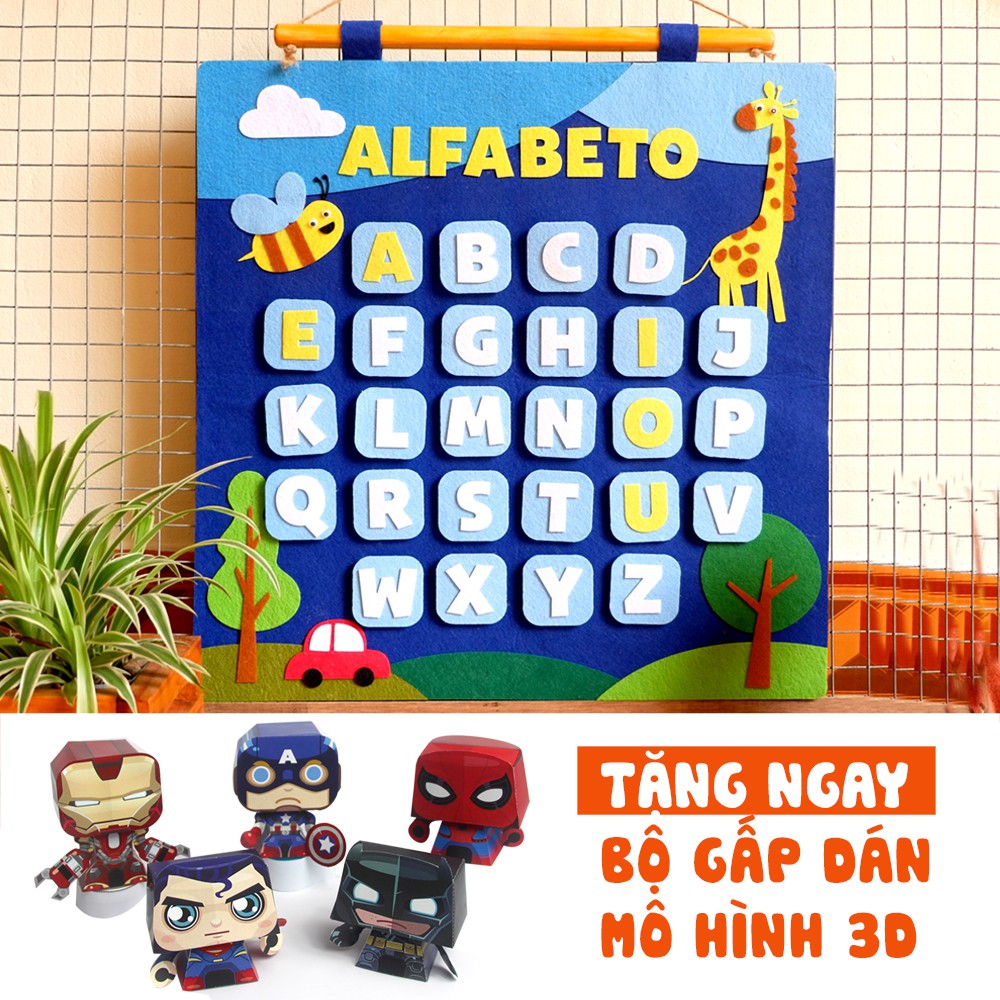Bảng chữ cái chất liệu vải - gỗ bóc dán 3D 2 mặt tiếng anh, tiếng việt & bảng số
