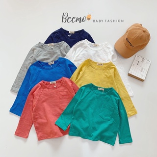 Hình ảnh Áo phông dài tay cotton Beemo cho bé trai, bé gái trơn phối túi 6 màu basic - 21A062