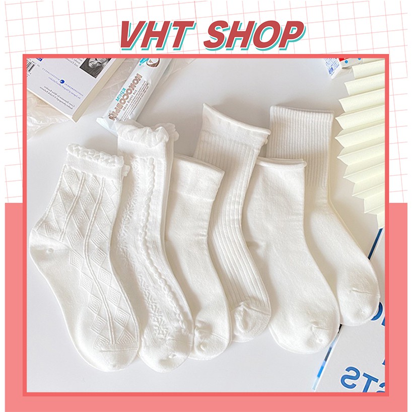 Tất cổ cao, vớ cổ cao nữ trắng vải cotton co giãn thời trang Hàn Quốc TC110 - VHT SHOP