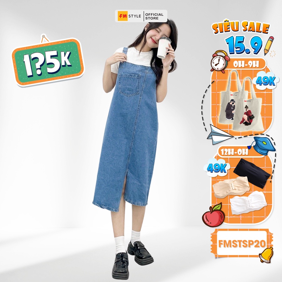 Yếm jean dài FM Style 2 dây dáng dài phối túi trước xẻ lai thời trang dễ thương phong cách ulzzang 207260036