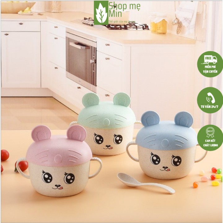 Bát ăn dặm lúa mạch cho bé, Bát kèm thìa lúa mạch Mickey có nắp đậy an toàn - MIN31
