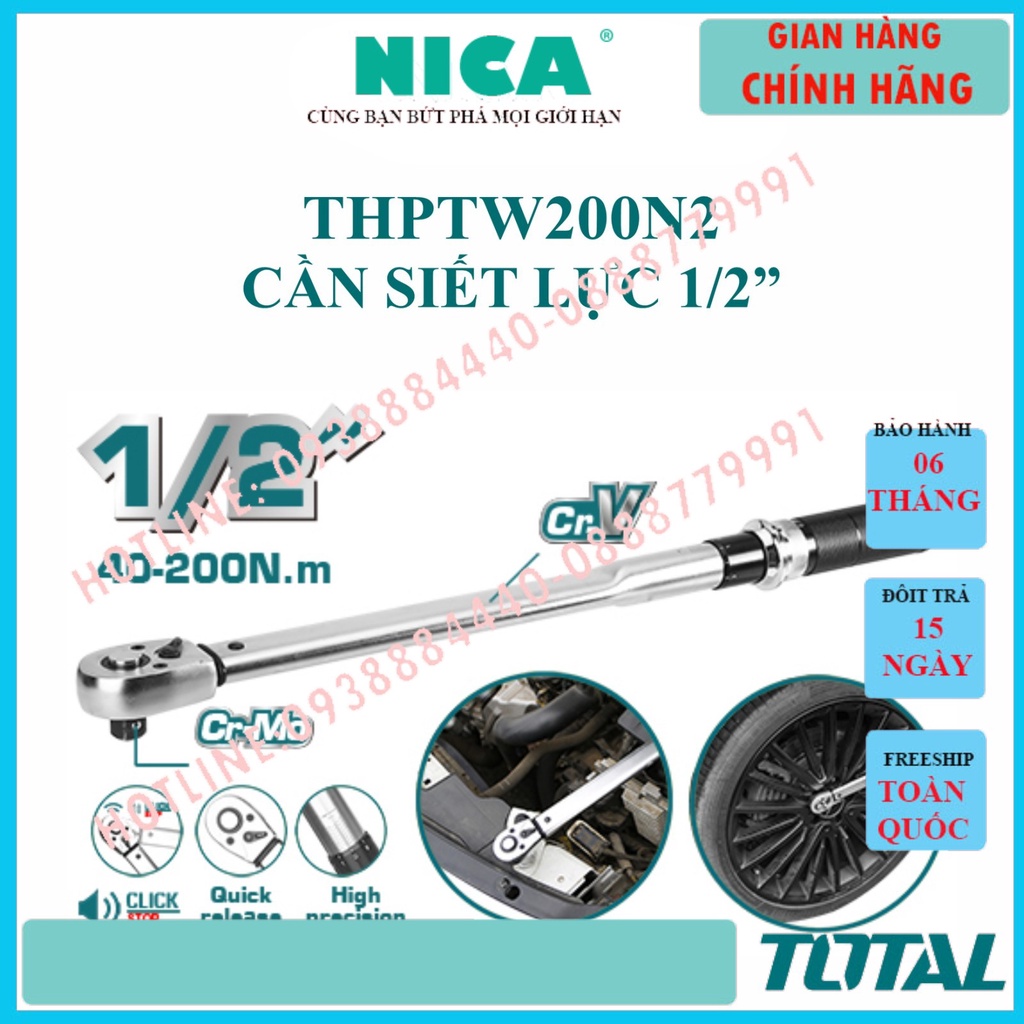 Cờ lê lực TOTAL THPTW200N2 kích thước 1/2 inch, chiều dài 500 mm, mô men xoắn 40-200N.m, chất liệu Cr-V cứng cáp