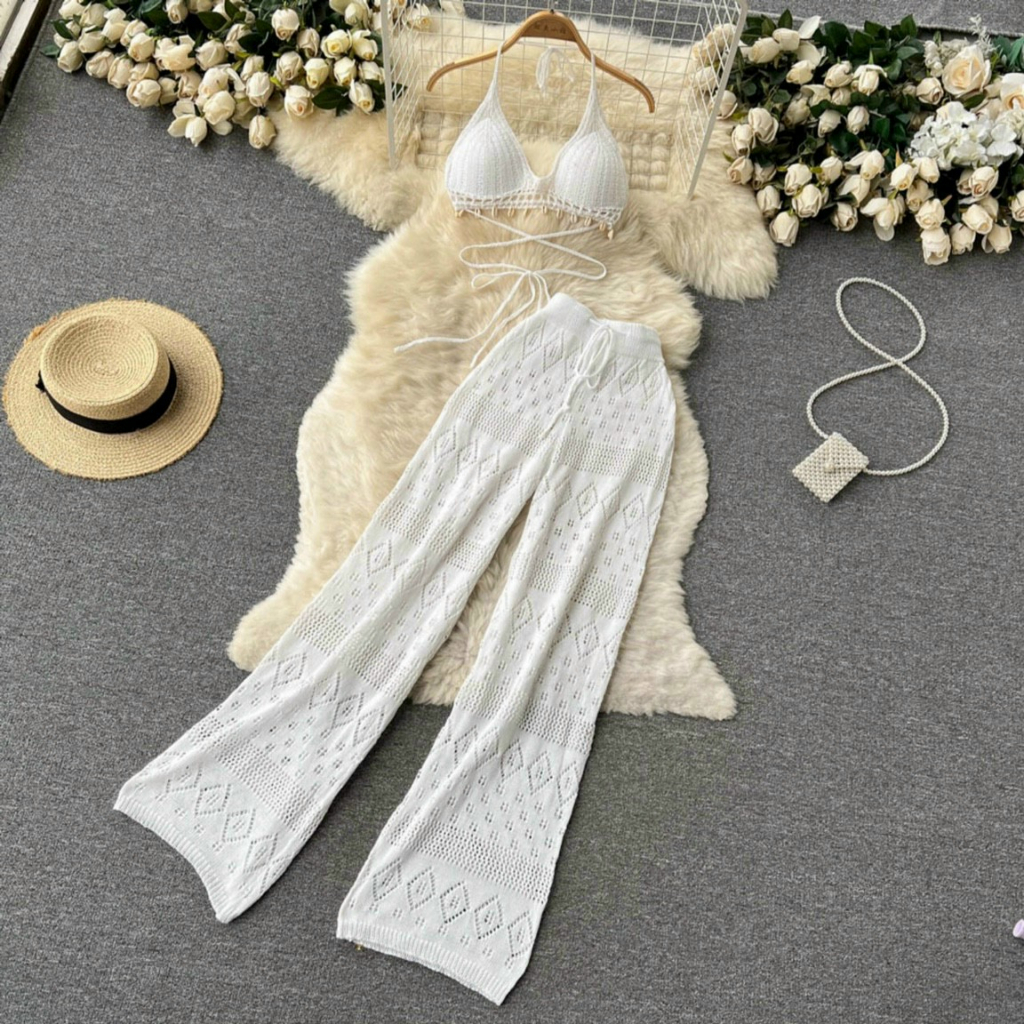 Mua Set Áo ren bikini đính ốc phối quần ren dài ống rộng thời trang