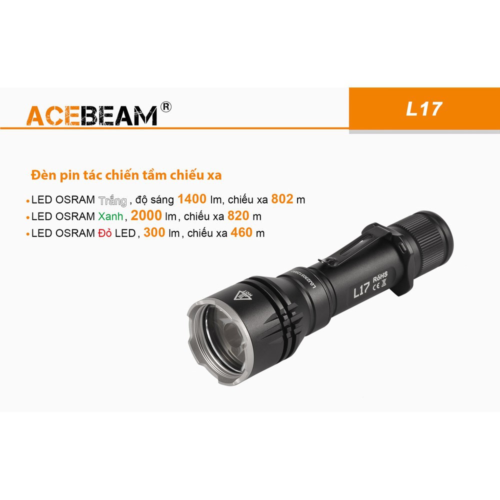 Đèn pin chiếu xa ACEBEAM L17 led OSRAM sáng 1400 lumen xa 802 m sử dụng pin 18650 3500mAh USB (kèm theo) Đèn & Đèn pin