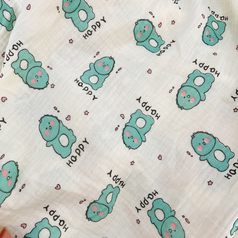 vải xô muslin 2 lớp khủng long happy may đồ bộ dài tay cho bé