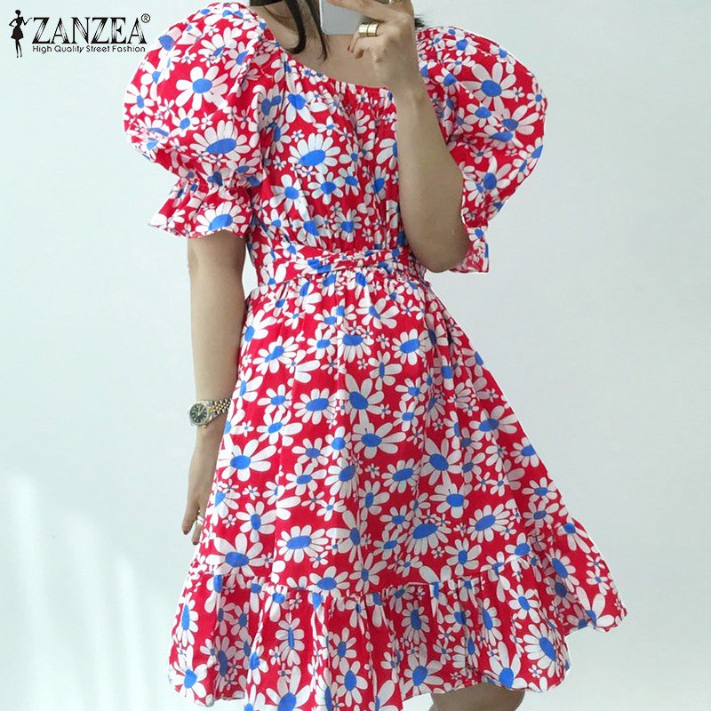 Đầm midi ZANZEA tay ngắn eo thun cổ tròn cho nữ