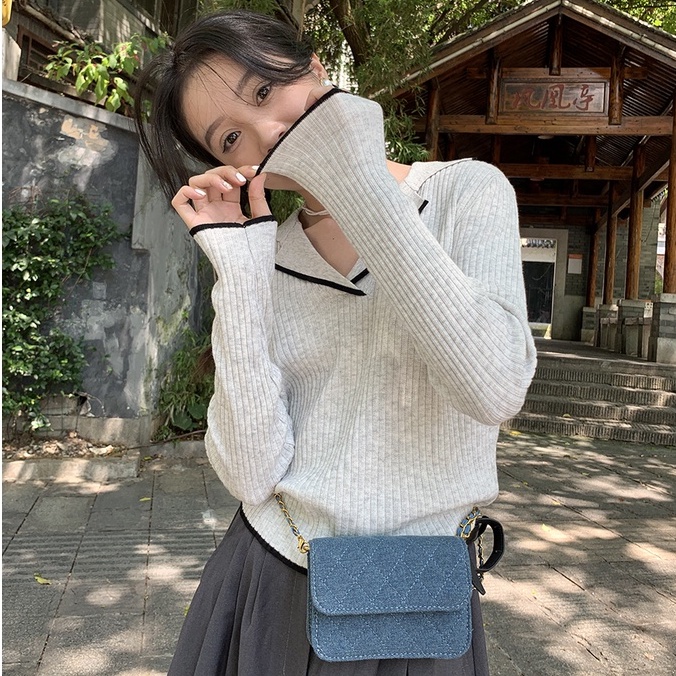 【ZHELIHANGFEI】Áo Sweater Tay Dài Cổ POLO Dáng Rộng Lưng Cao Dễ Phối Đồ