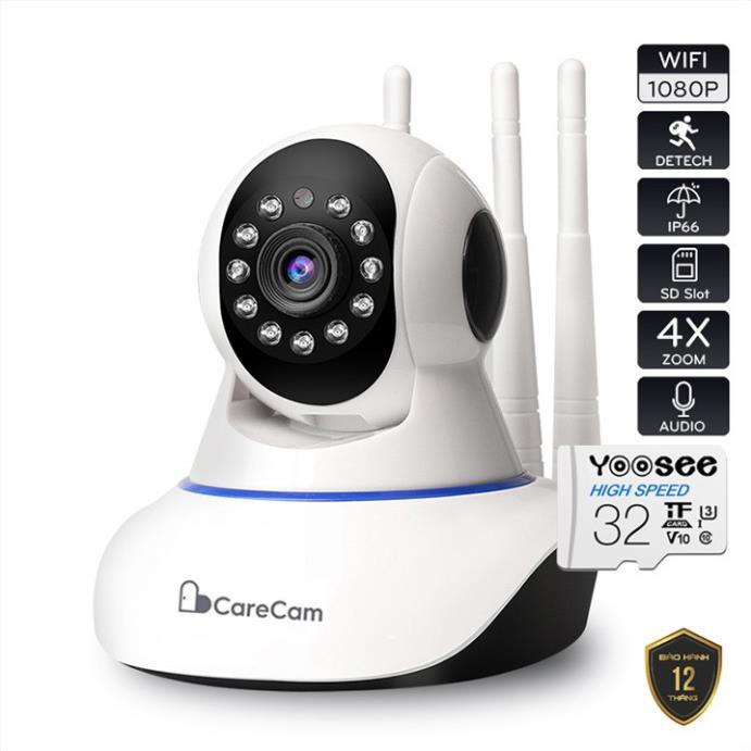 Camera Wifi 3 Râu CARECAM xoay 360 độ 2.0MPX, độ phân giải FULL HD 1920x1080p - Hàng chính hãng