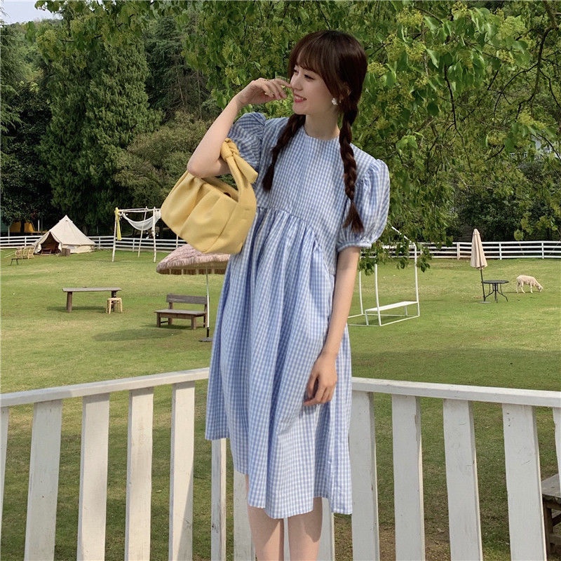 Váy babydoll Đầm Dáng Rộng Tay Phồng Họa Tiết Kẻ Sọc Màu Xanh Dương Ngọt Ngào Phong Cách Hàn Quốc Thời Trang Mùa Hè Cho Nữ