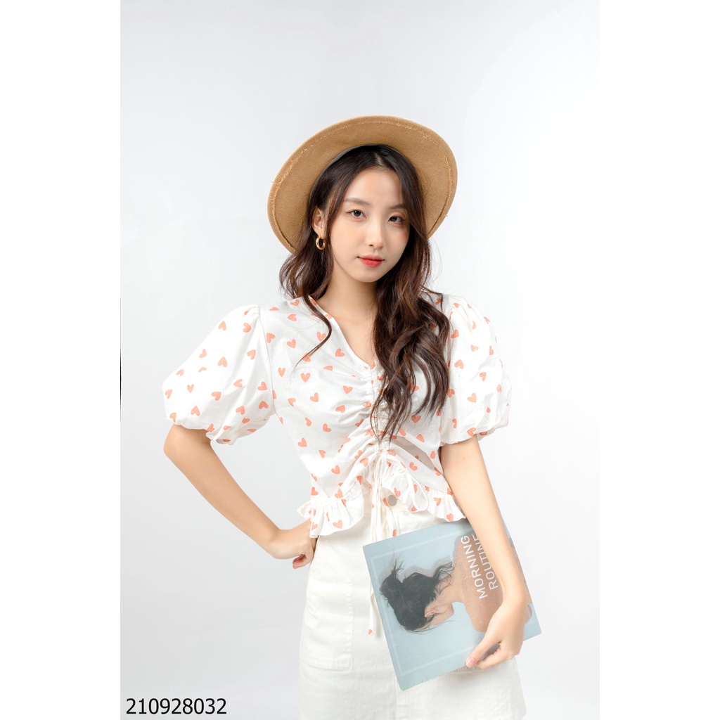 Áo kiểu FM Style, áo họa tiết dây rút ngực, hình tim chấm bi, dễ thương VU0207B