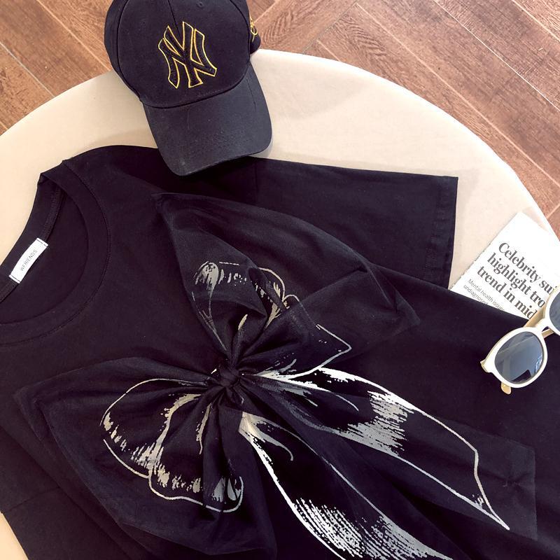 Áo thun ngắn tay dáng rộng đính nơ phong cách Hàn Quốc thời trang hè xinh xắn cho nữ