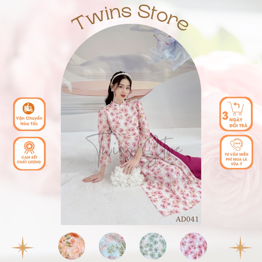 Áo dài dáng ôm TWINS STORE chất tơ hoa nổi, KÈM QUẦN rập ly - AD041