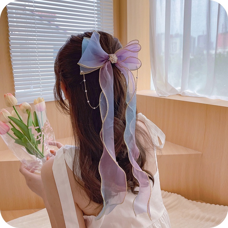 Kẹp Tóc Dài Phối Nơ Lưới Thời Trang Hàn Quốc