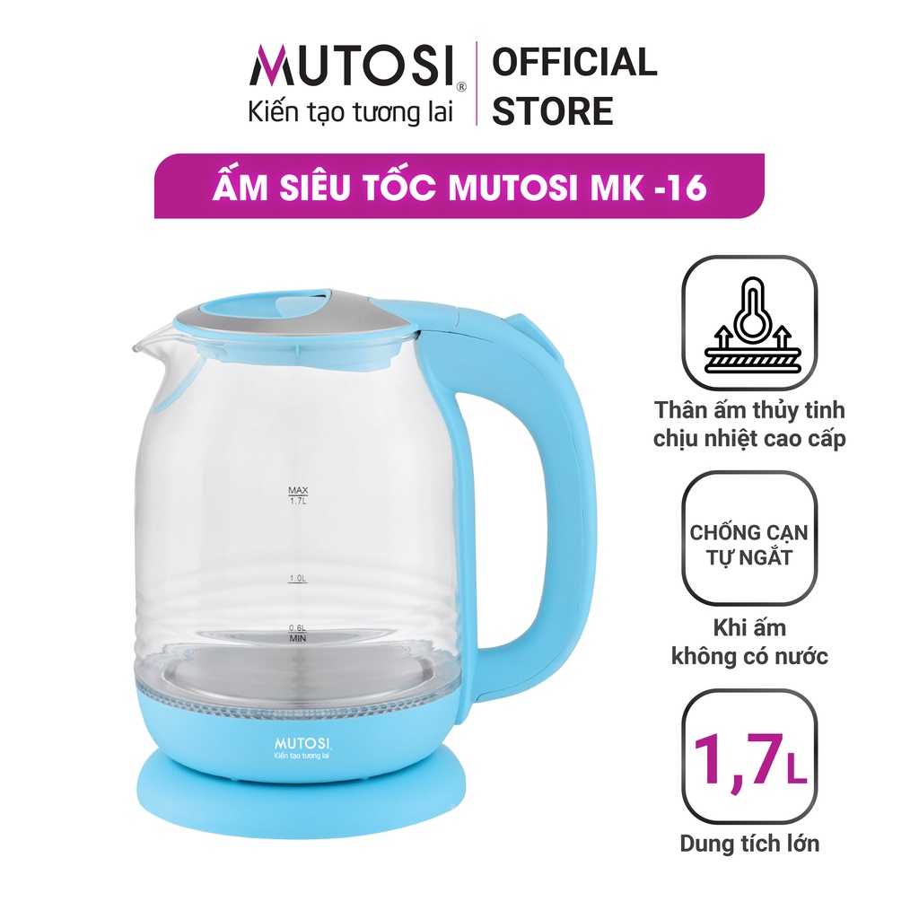 Ấm đun siêu tốc Mutosi MK-16 (xanh), 1.7L, thủy tinh cao cấp chịu nhiệt tốt, công nghệ Nhật Bản, bảo hành 24 tháng