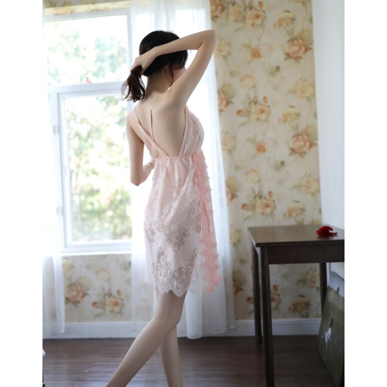 Đầm ngủ ren lụa cổ chữ V chéo vai sexy quyến rũ