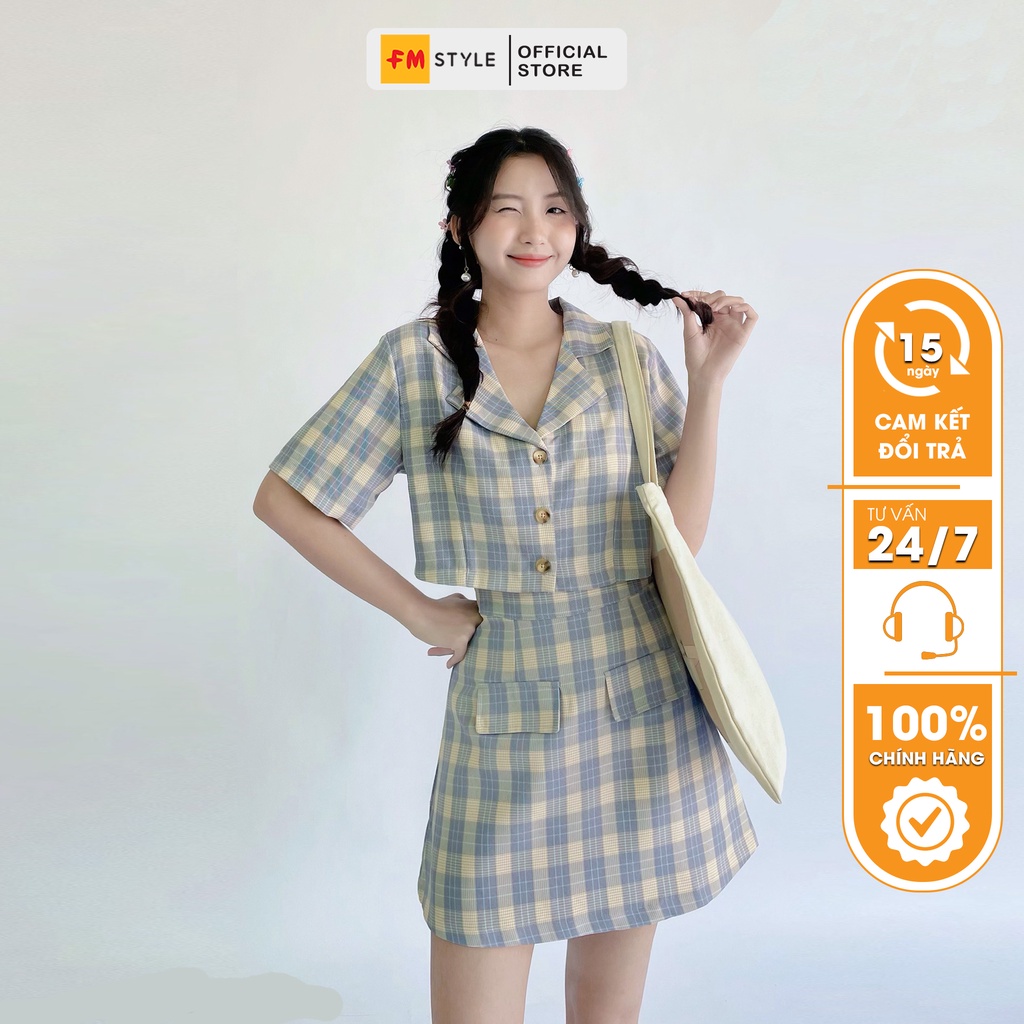 Set áo croptop chân váy FMSTYLE họa tiết caro áo kiểu tay ngắn cổ vest phối nút chân váy có lớp lót 220328408