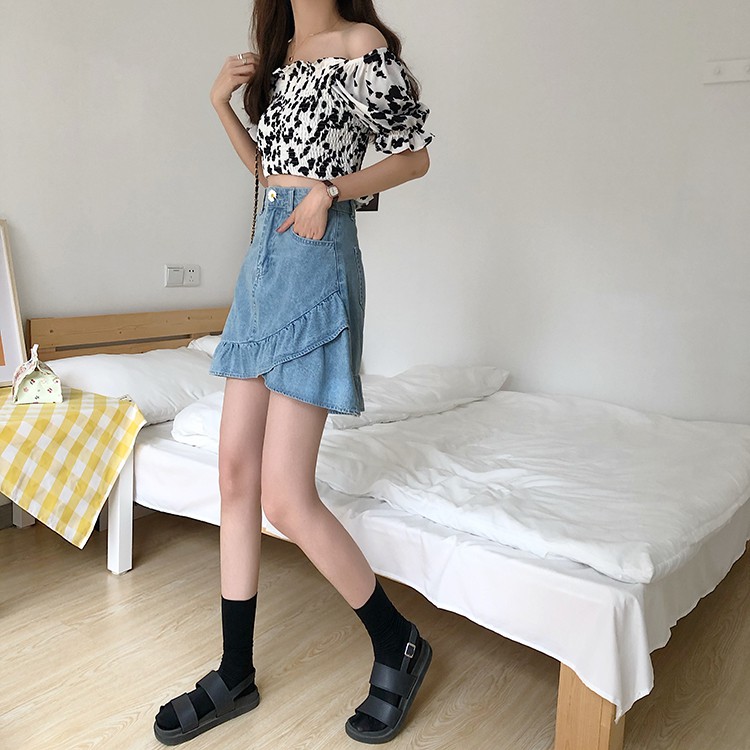 Chân váy denim phối kiểu nhún bèo lệch tà thời trang dành cho nữ | BigBuy360 - bigbuy360.vn