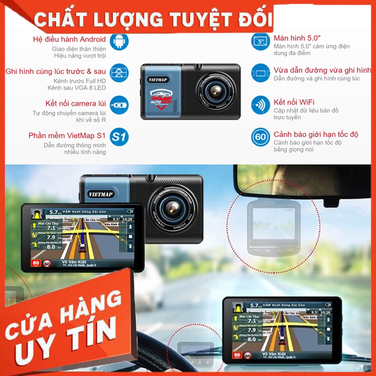 VIETMAP A50 - CAMERA HÀNH TRÌNH GHI HÌNH TRƯỚC SAU + DẪN ĐƯỜNG + CẢNH BÁO TỐC ĐỘ. TẶNG KÈM THẺ NHỚ 32GB + TINH DẦU TREO