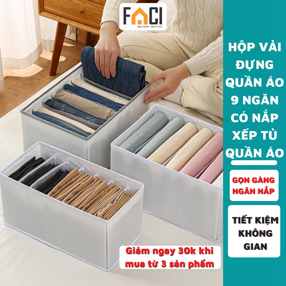 Hộp vải chia ngăn đựng quần dài áo sơ mi đồ lót 9 ngăn có nắp sắp xếp tủ quần áo gọn gàng ngăn nắp