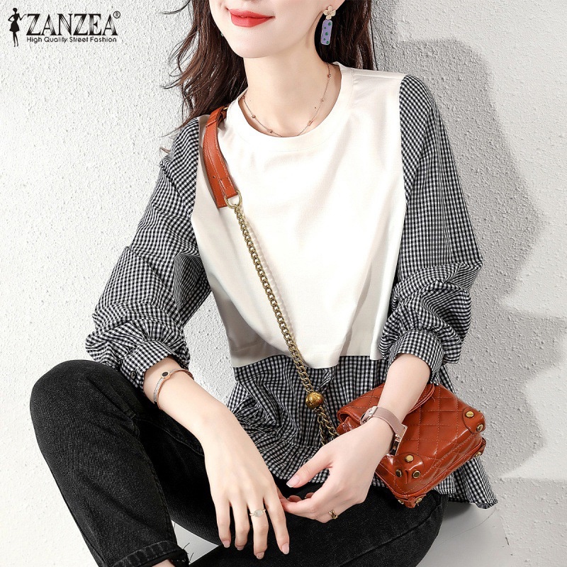 Áo ZANZEA tay dài cổ tròn họa tiết kẻ sọc retro thời trang dành cho nữ