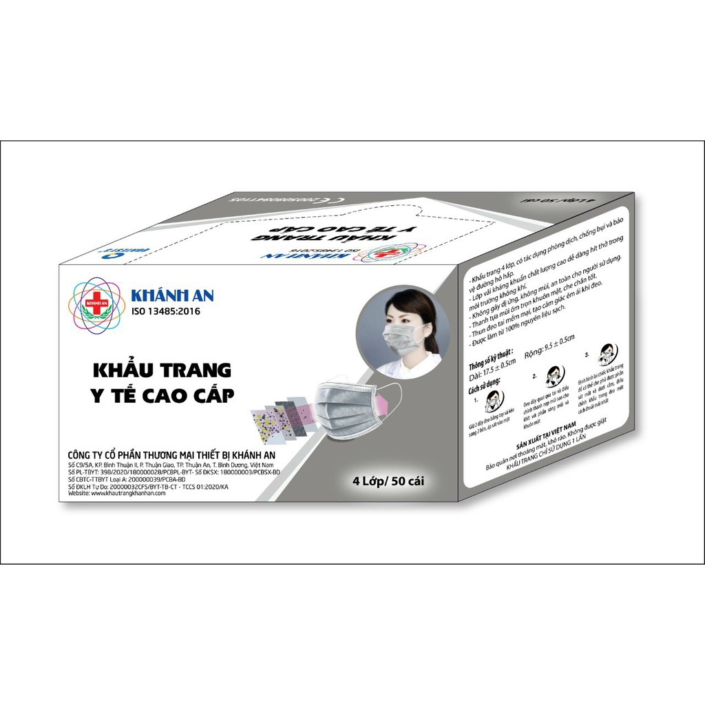 HỘP 50 CÁI KHẨU TRANG KHÁNH AN 4 LỚP CAO CẤP KHÁNG KHUẨN (MÀU XÁM)