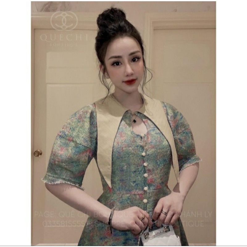 Váy dạ gấm cổ nhọn Quế Chi