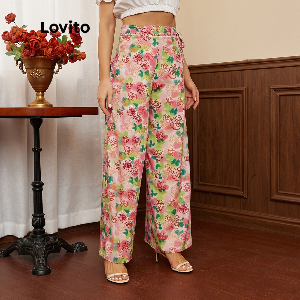 Quần Lovito ống rộng có dây thắt lưng in họa tiết hoa phong cách thanh lịch L17E030 (Nhiều màu sắc)