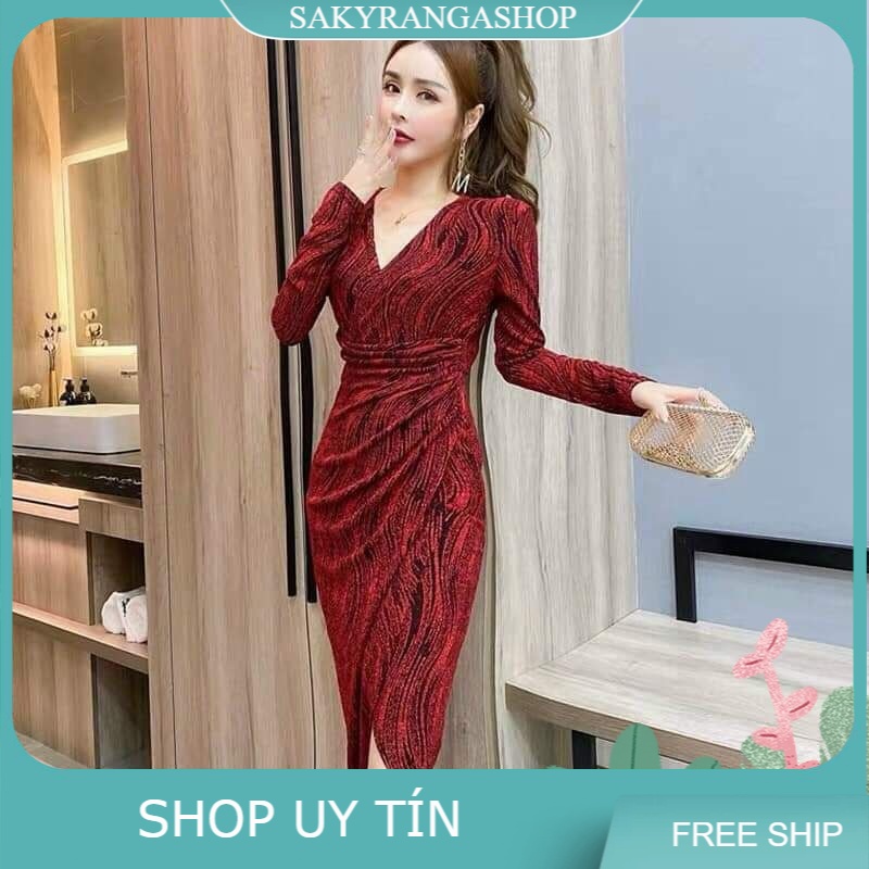HÀNG NHẬP - ĐẦM BODY THUN KIM TUYẾN TAY DÀI MÀU ĐỎ