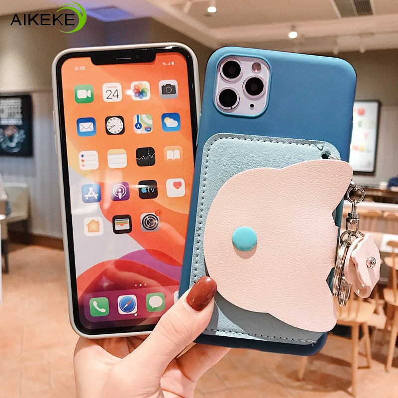 Ốp điện thoại dạng ví đựng thẻ + tiền xu hình mèo gắn móc khóa cho iPhone 12 11 Pro Max XS Max SE 2020 XR X 7 8 6 Plus 5