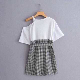 Set váy kẻ trễ vai