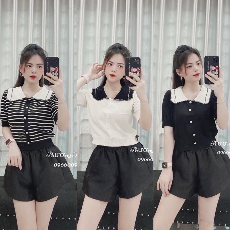 Áo len cổ sen cúc đính kẻ ngang và trơn ngắn tay bo gấu AL8022 - NhiNhi Shop