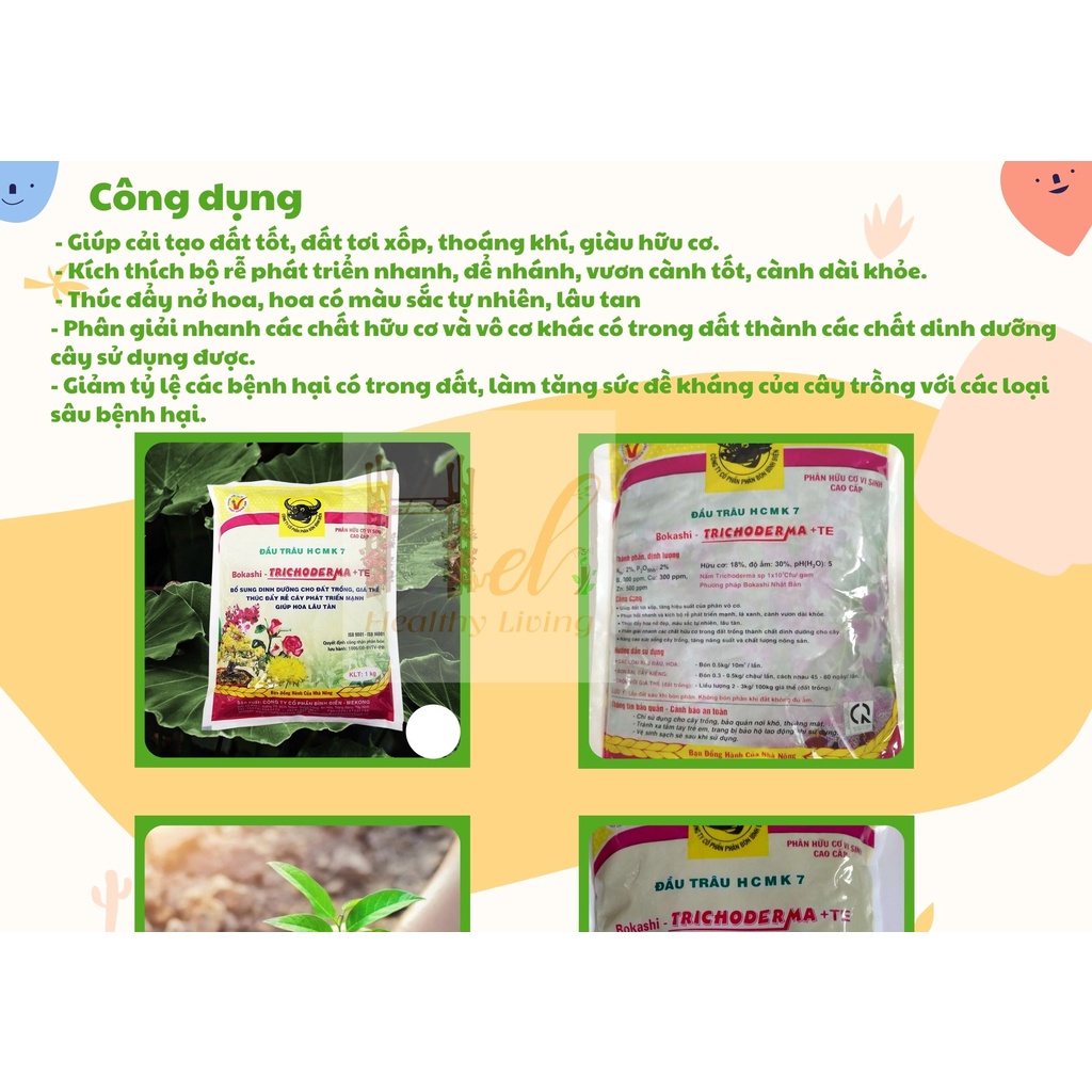 Phân Hữu Cơ Vi Sinh Trichoderma + TE Đầu Trâu HCMK7 1Kg Trồng Rau Sạch, Hoa Bằng Đất Sạch, Xơ Dừa, Phân Hữu Cơ