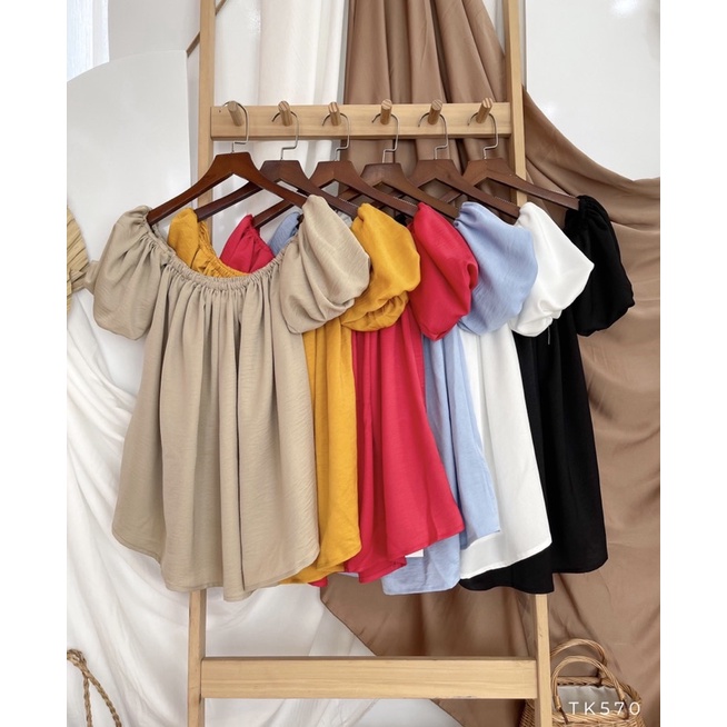 Áo bẹt vai tay phồng 6 màu mặc cặp, mặc nhóm đi biển